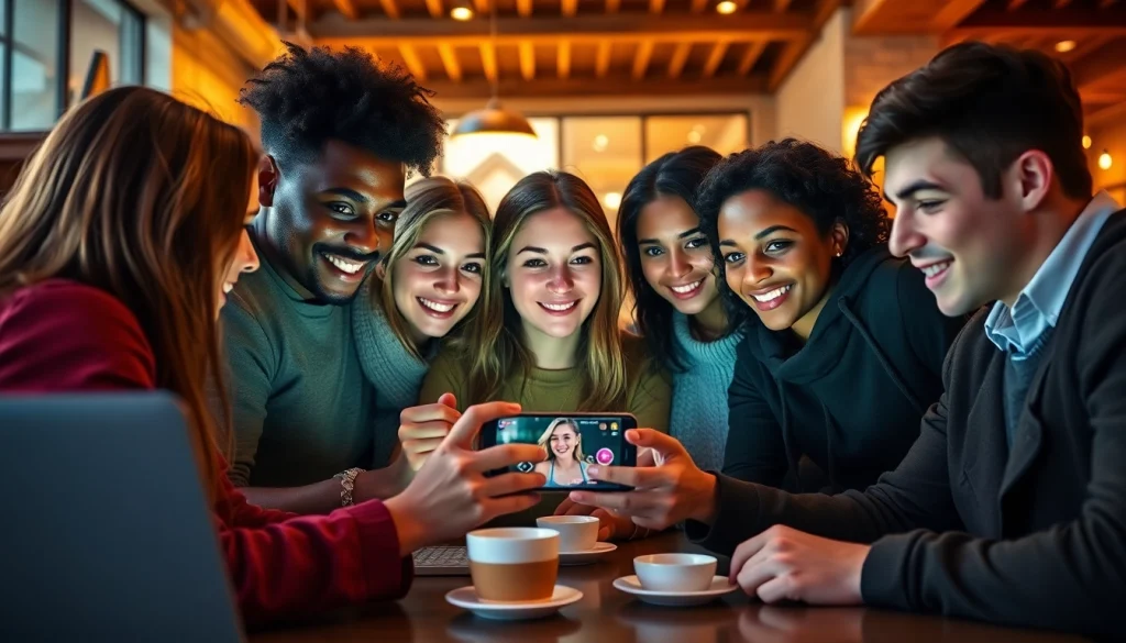 Exciting scene of friends playing a mobile porn game in a café together.
