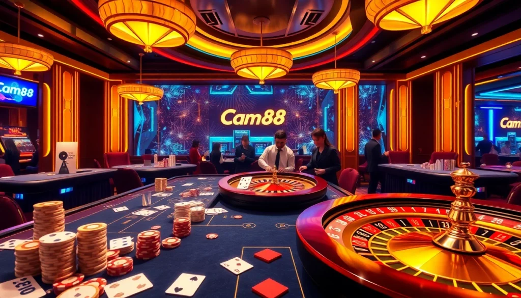 Exciting casino scene featuring players at tables and vibrant elements representing nhà cái cm88.