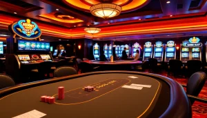 Engage in sbobet login at a vibrant casino featuring poker tables and slot machines.