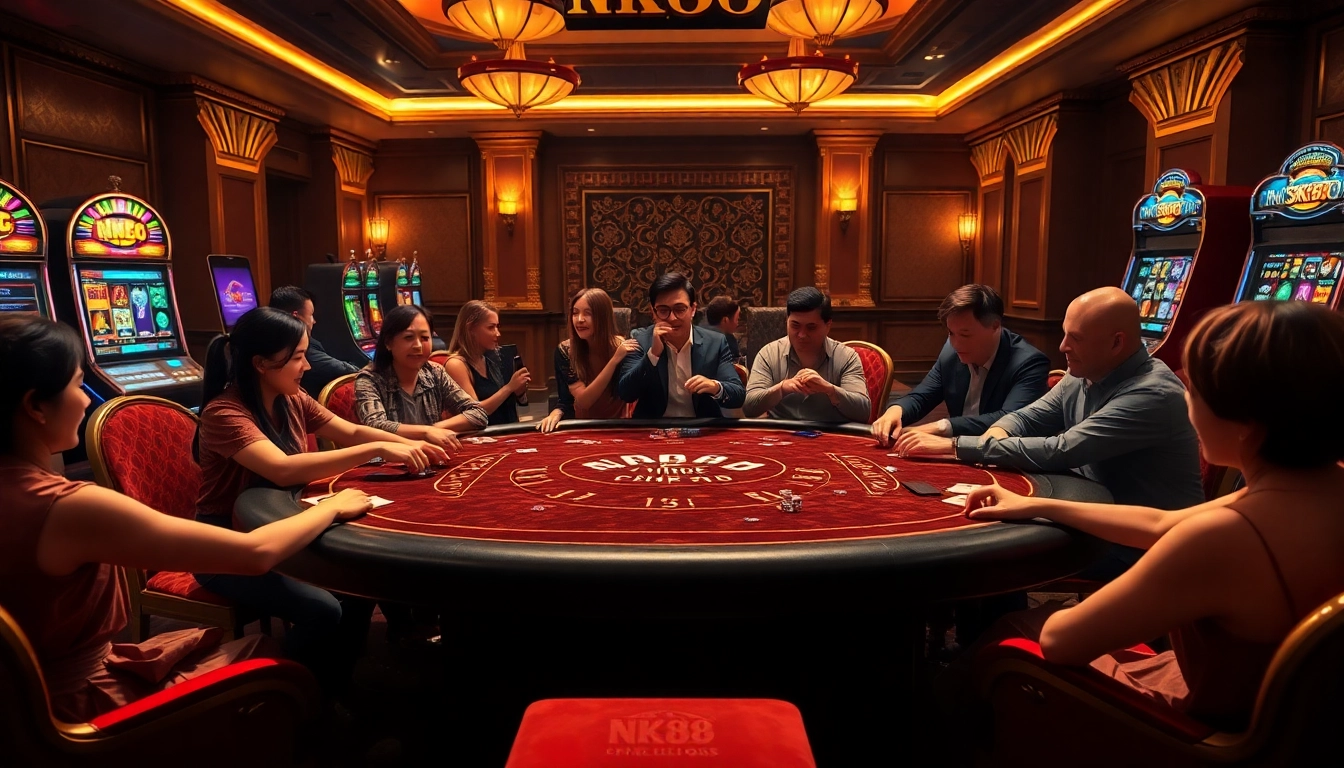 NK88 casino gaming table with players enjoying poker in a luxurious setting, capturing excitement and elegance.