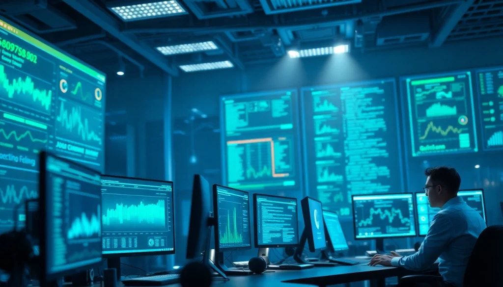 Innovative workspace showcasing cybersecurity ai with computer screens displaying data analytics and AI algorithms.