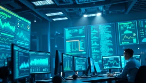 Innovative workspace showcasing cybersecurity ai with computer screens displaying data analytics and AI algorithms.