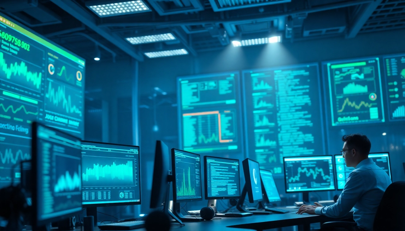 Innovative workspace showcasing cybersecurity ai with computer screens displaying data analytics and AI algorithms.