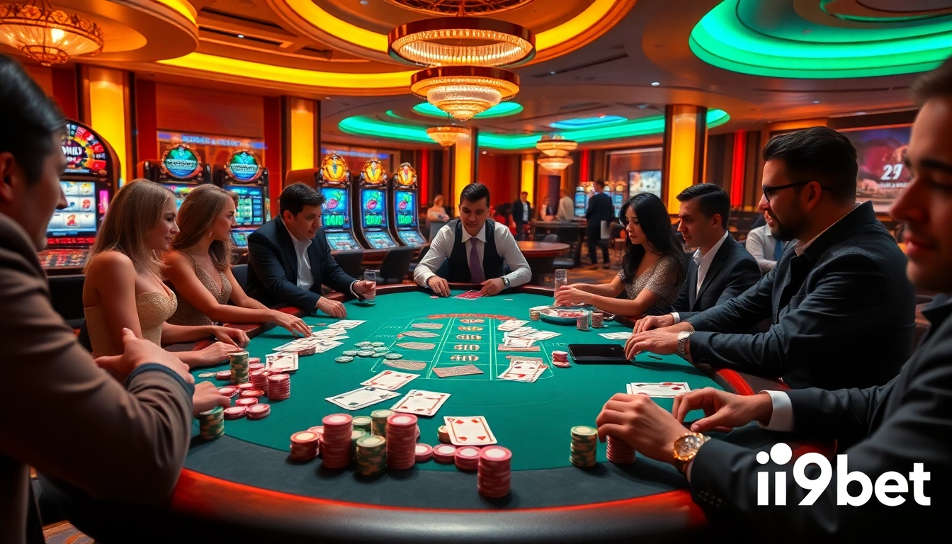 Players enjoying a thrilling game at i9bet's luxurious poker table in a vibrant casino atmosphere.