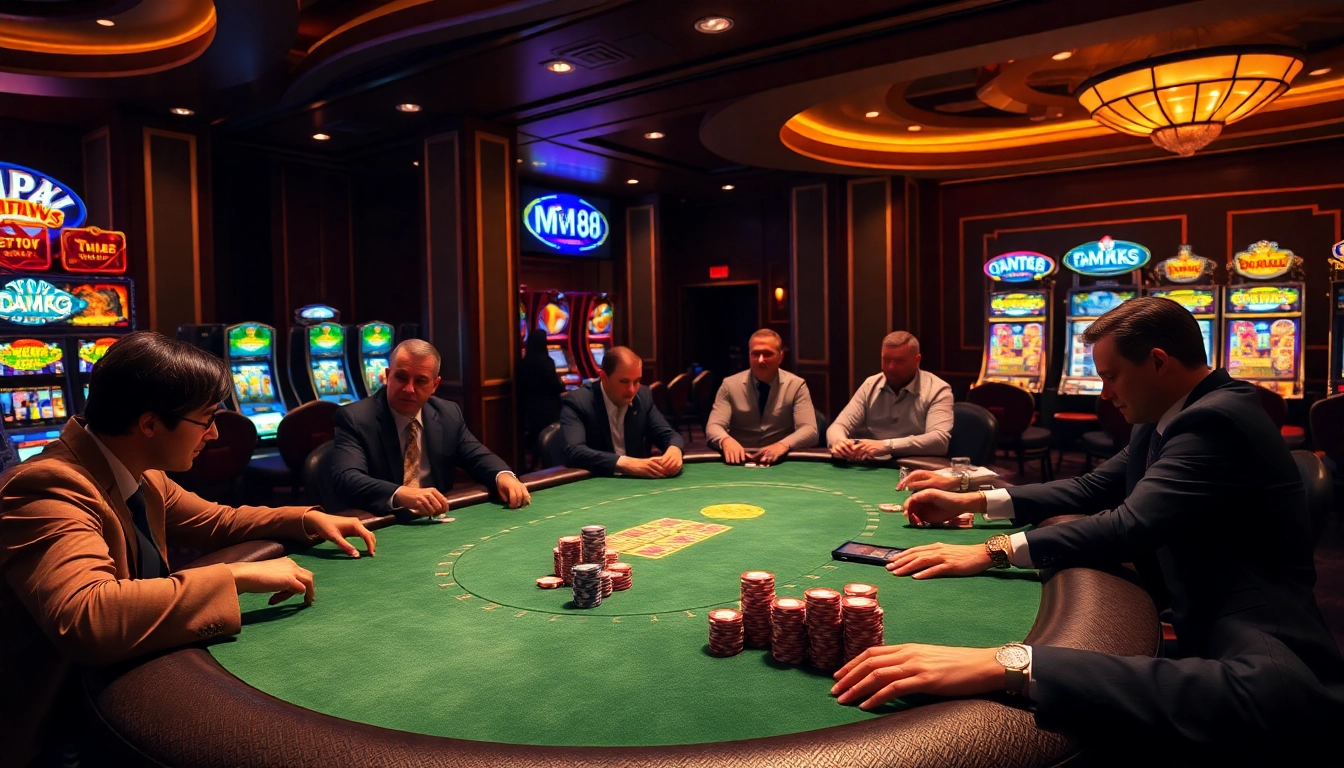 Experience the luxury of MM 88 with an exciting high-stakes poker scene featuring lavish surroundings and vibrant gaming elements.
