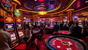 Players engaging in slot depo 5rb at luxurious casino, showcasing vibrant machines and thrill.