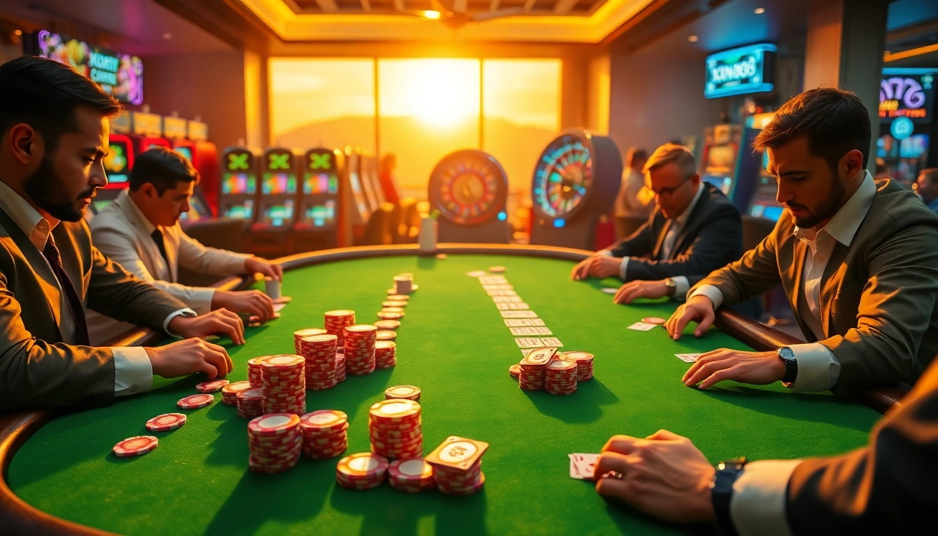 Intense poker game at a luxurious XX88 casino, with vibrant chips and professional players