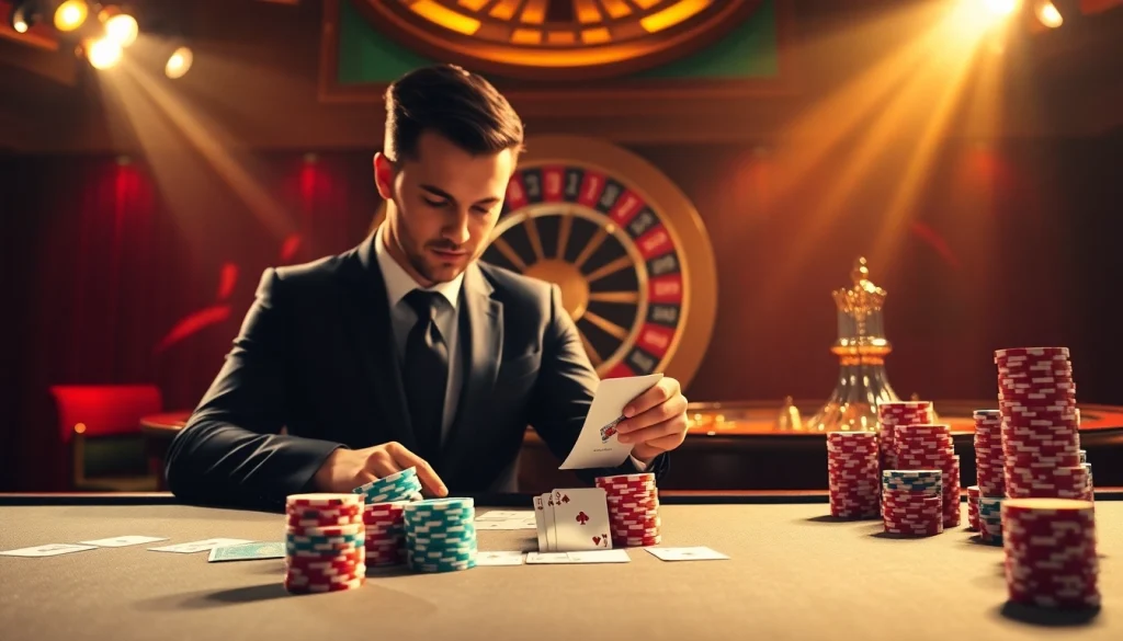 Playing poker at 388bet's luxurious casino table with vibrant roulette wheel in the background.