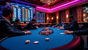 Experience sbobet login excitement with engaged players at a luxurious poker table in a vibrant casino.