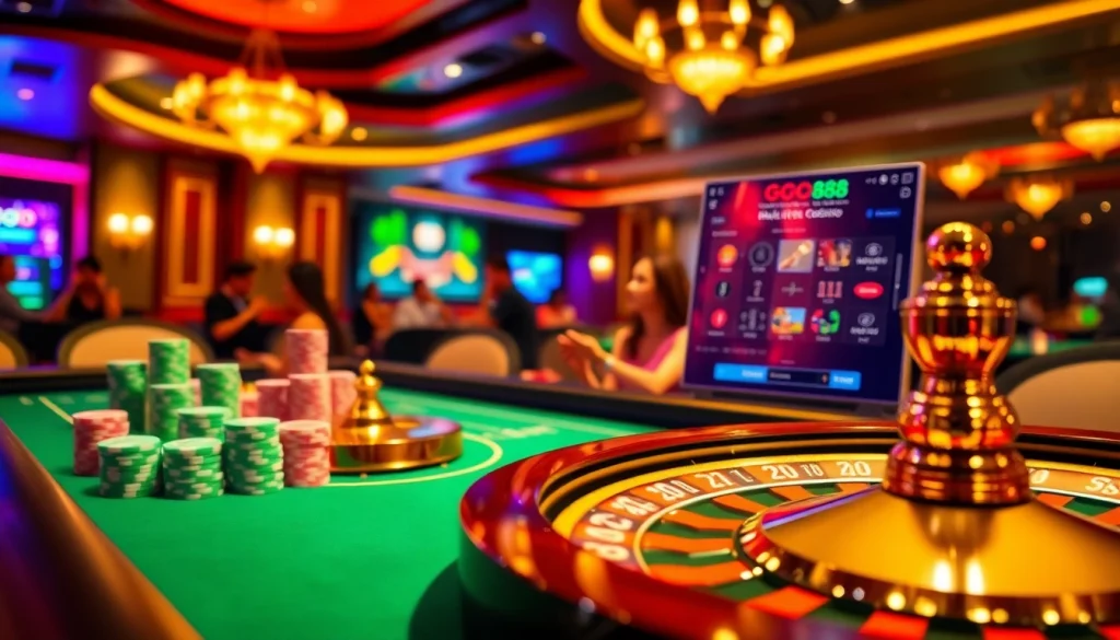 Engage in thrilling gameplay while tải go88 at an elegant casino table with vibrant colors and exciting action.