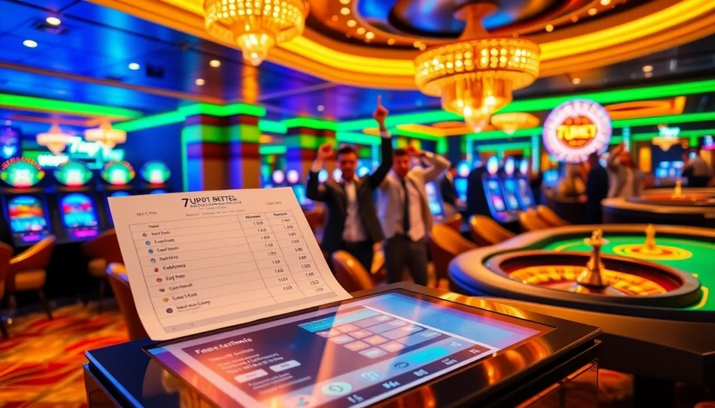 Gamblers enjoying the vibrant atmosphere at 7upbet's premium sports betting area with sleek technology.