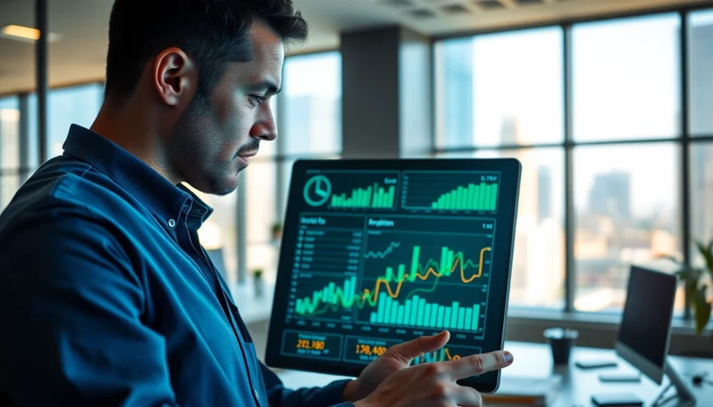 Engineer using a digital dashboard analyzing metrics related to das 140 in a modern office.