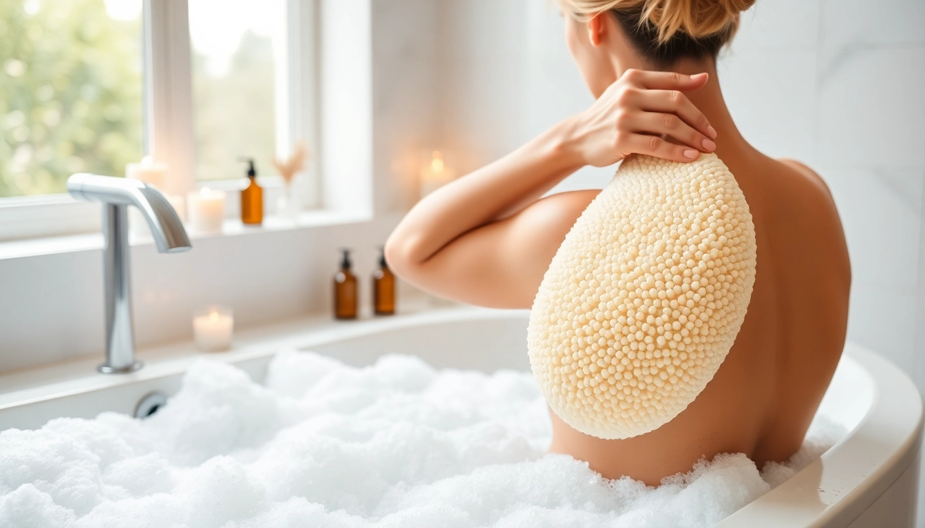 Applying the best back loofah for dry skin in a serene bathroom for a refreshing exfoliation.