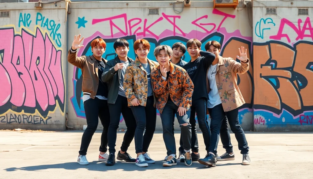 BTS members showcasing unity and individuality in an urban setting.