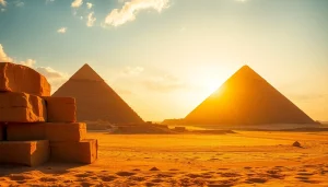 View of piraminds illuminated by sunset, showcasing ancient architecture and desert landscape.