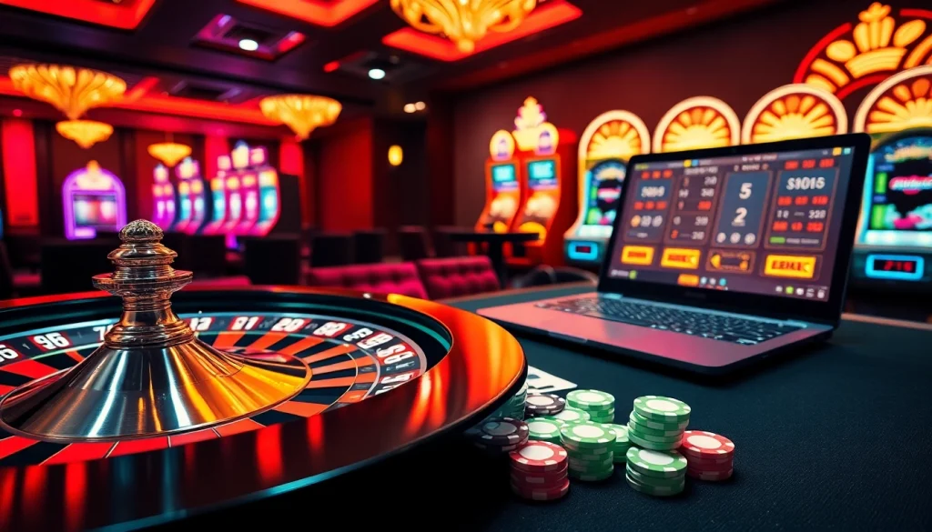 Enjoying gaming thrills at https:/nk88.us.com/ with roulette and blackjack in a luxurious casino.