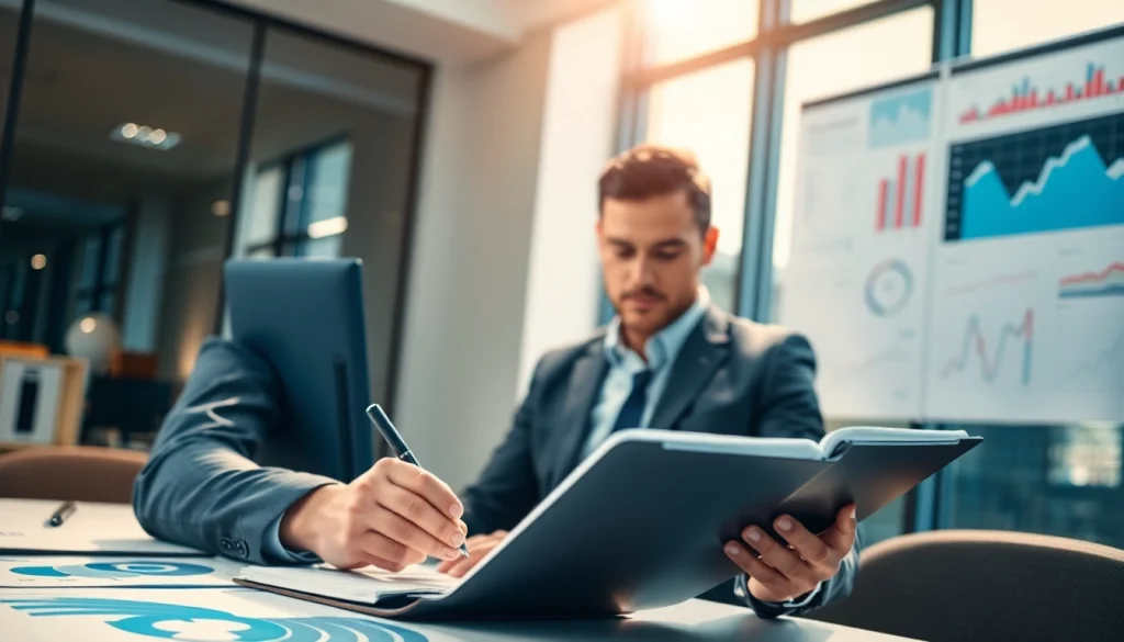 Crisis management consultant analyzing data in a modern office.