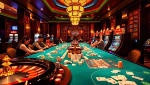 Players enjoying a slot demo mahjong game in a vibrant casino atmosphere filled with excitement.