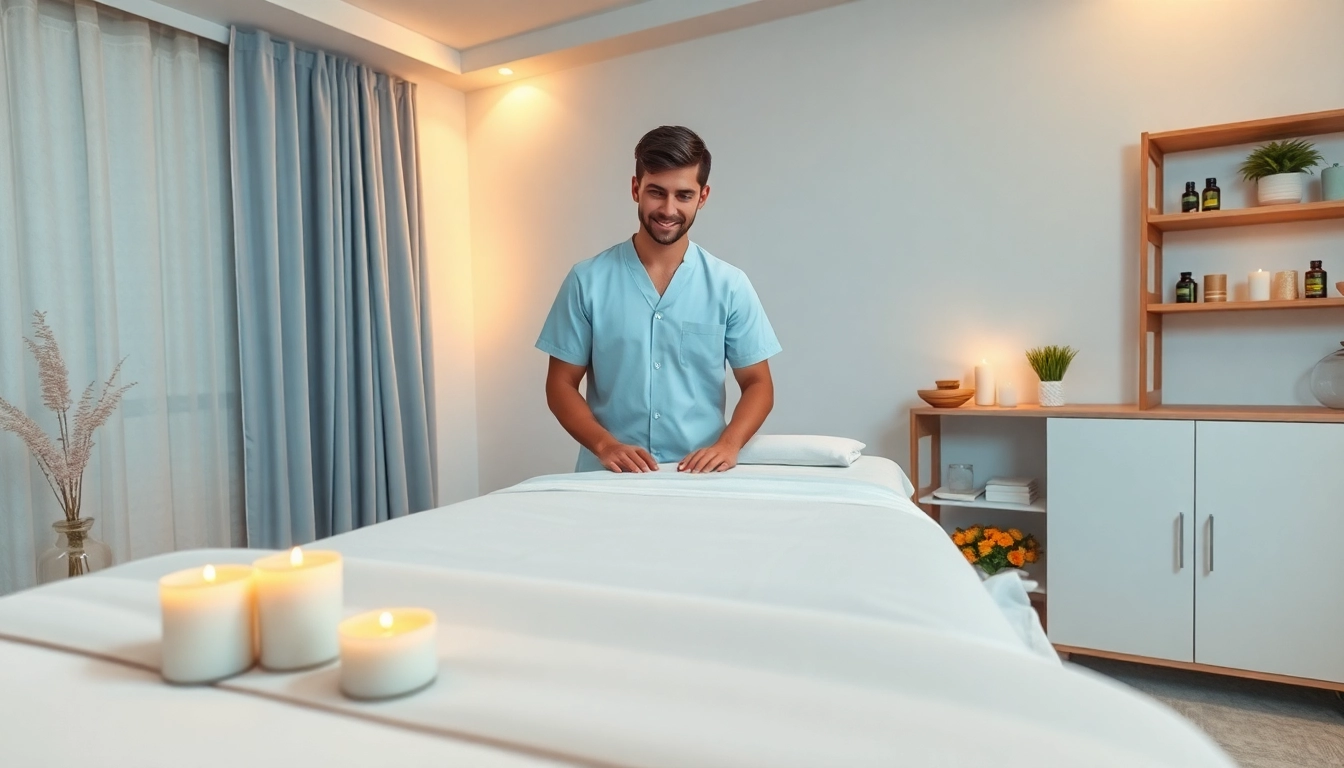 출장마사지 service setup in a calming room with a therapist preparing for a session