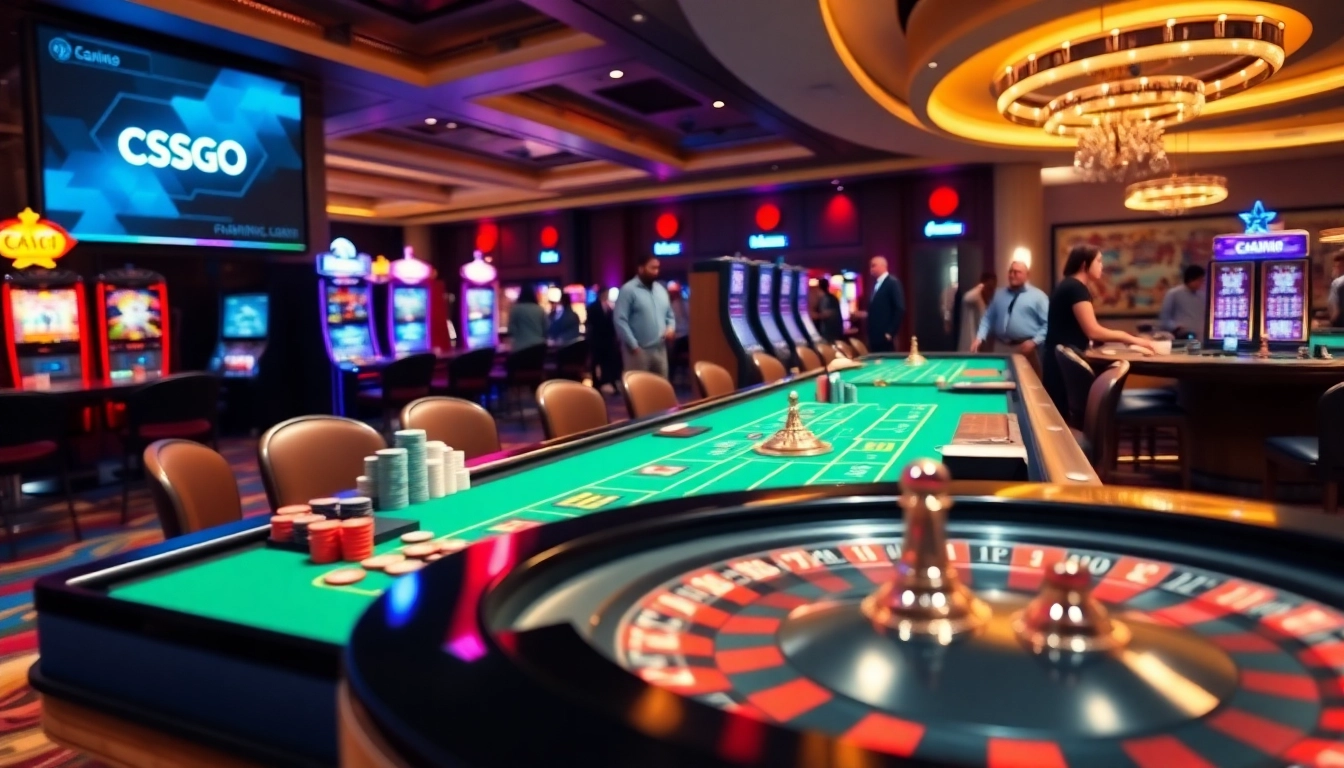 Explore vibrant casino featuring gaming tables and csgo gambling sites, highlighting excitement and activity.