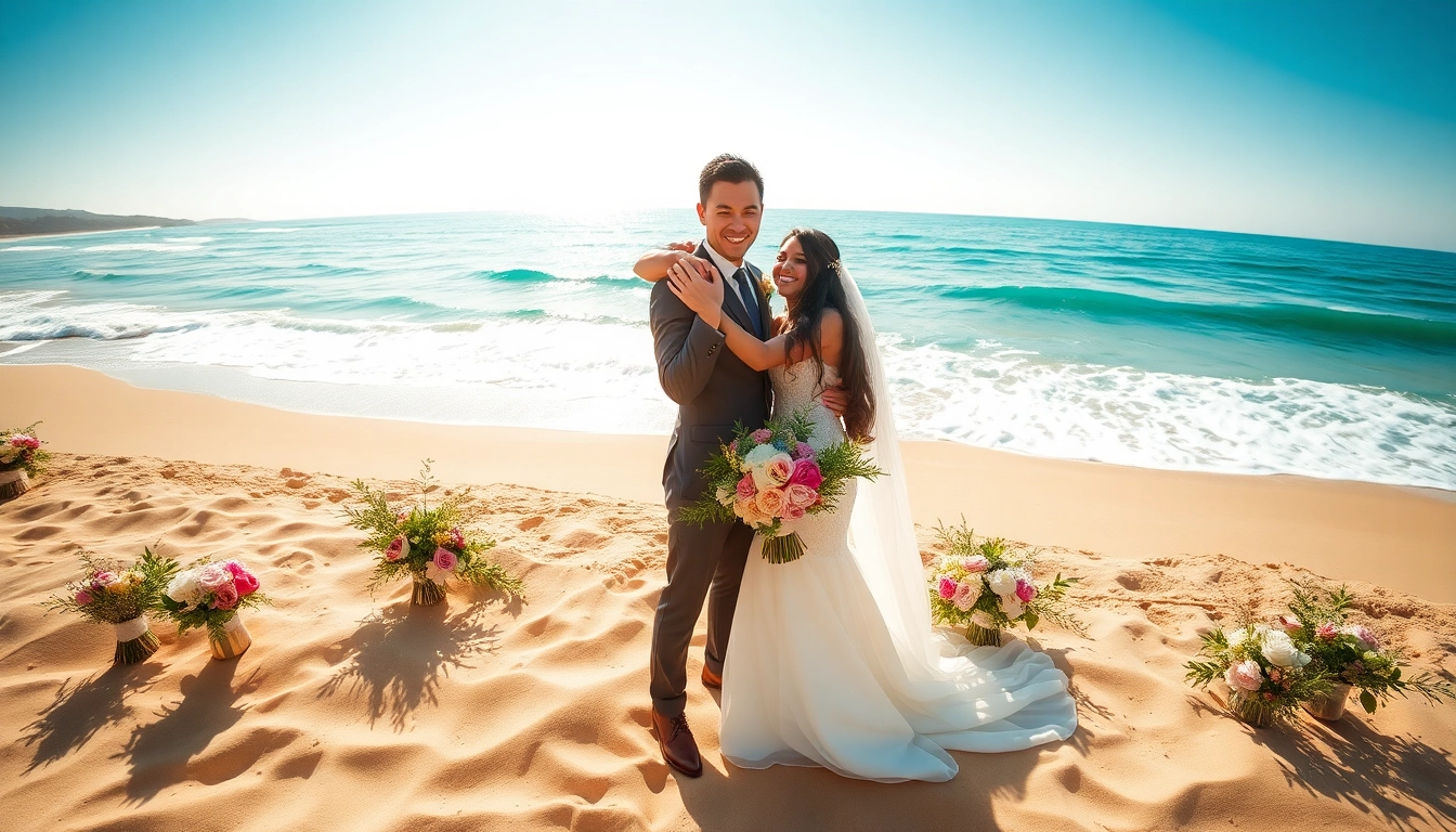 Experience Carmel wedding photography with a couple on a picturesque beach, surrounded by elegant floral arrangements.