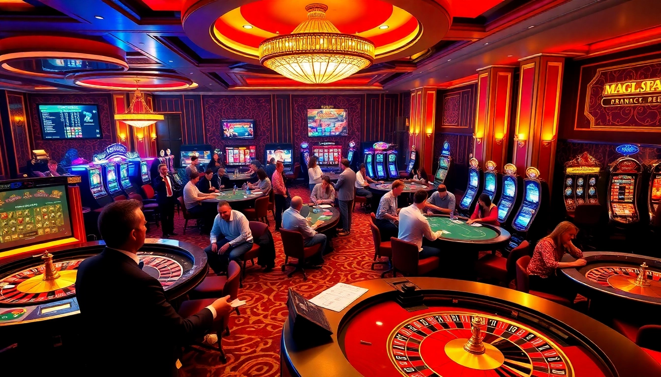 Joueurs de casino en ligne France s'engageant avec la roulette, le poker et les machines à sous dans un cadre luxueux.