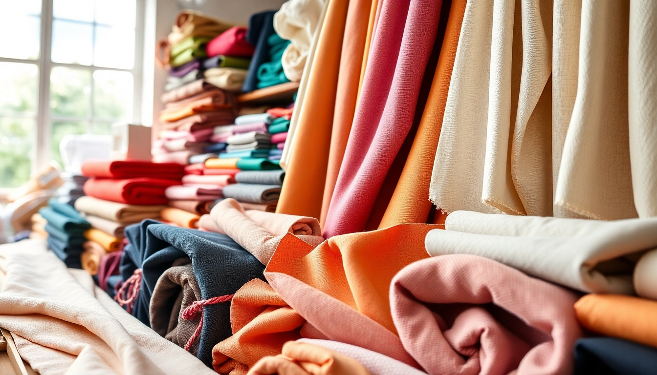 Dames stoffen online, een kleurrijke selectie van stoffen en texturen in een winkelomgeving.