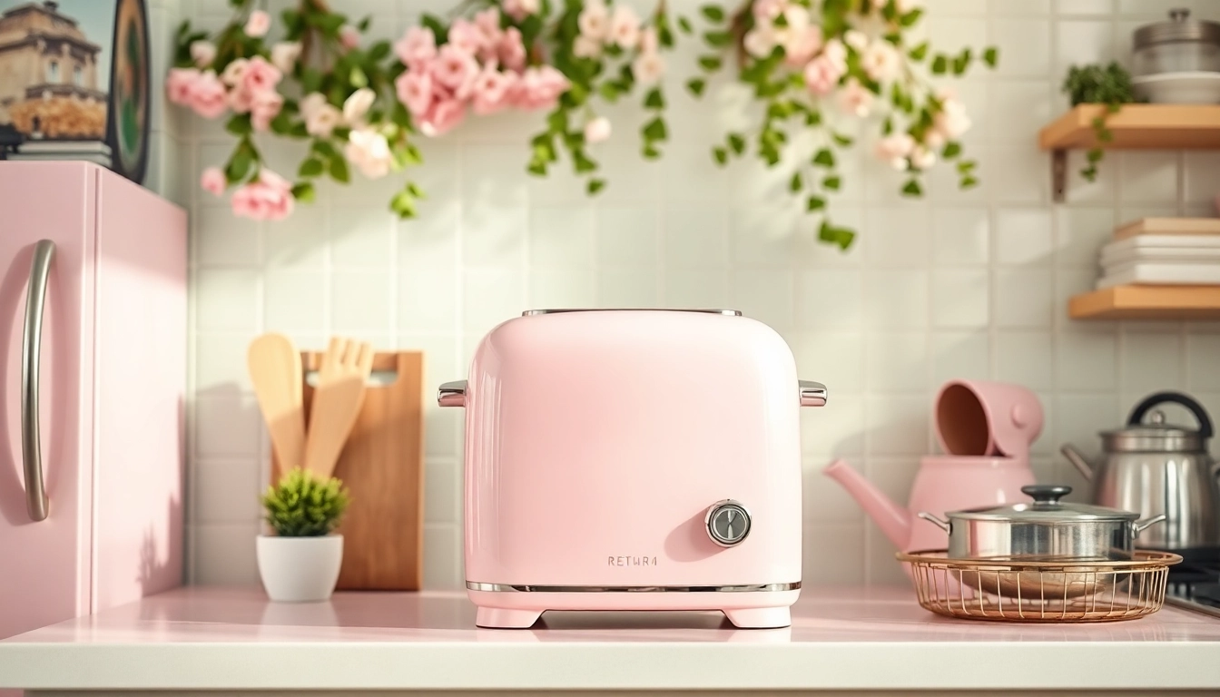 Retro appliance adorning a pastel kitchen scene, blending nostalgia with modern aesthetics.