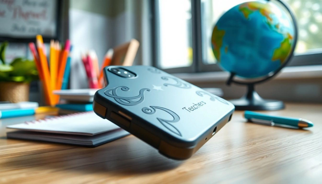 Funktionale Handytasche Lehrer, perfekt für den Unterricht mit bunten Schulsachen im Hintergrund.