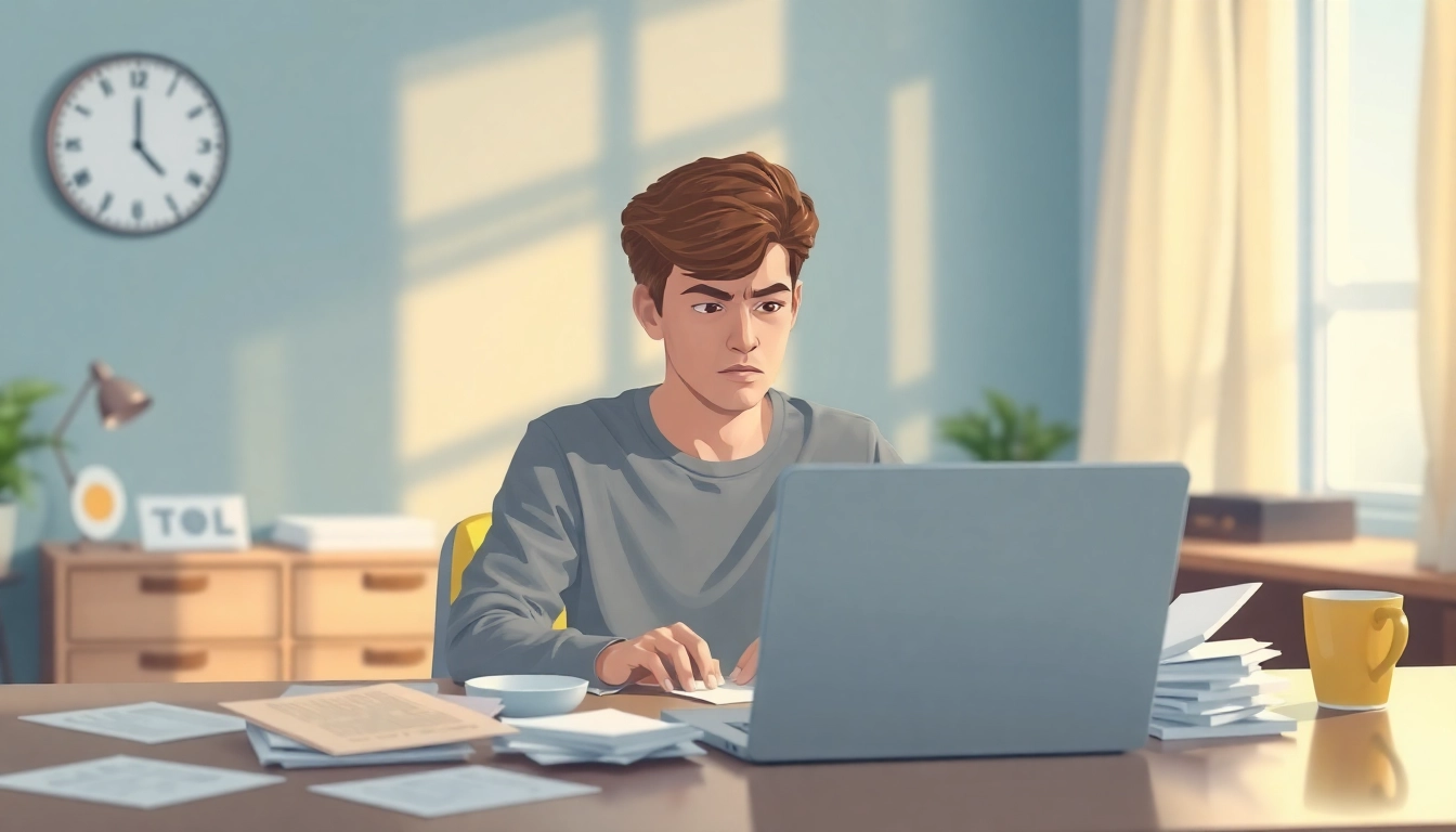 Anxiety symptoms illustrated through a person experiencing overwhelm at a cluttered workspace.