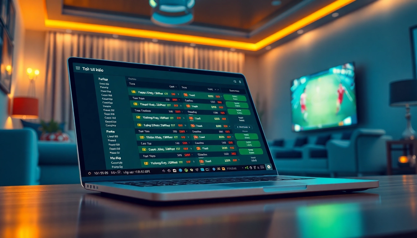 Dynamic sports betting scene showcasing tỷ lệ kèo on a laptop with a football match background.