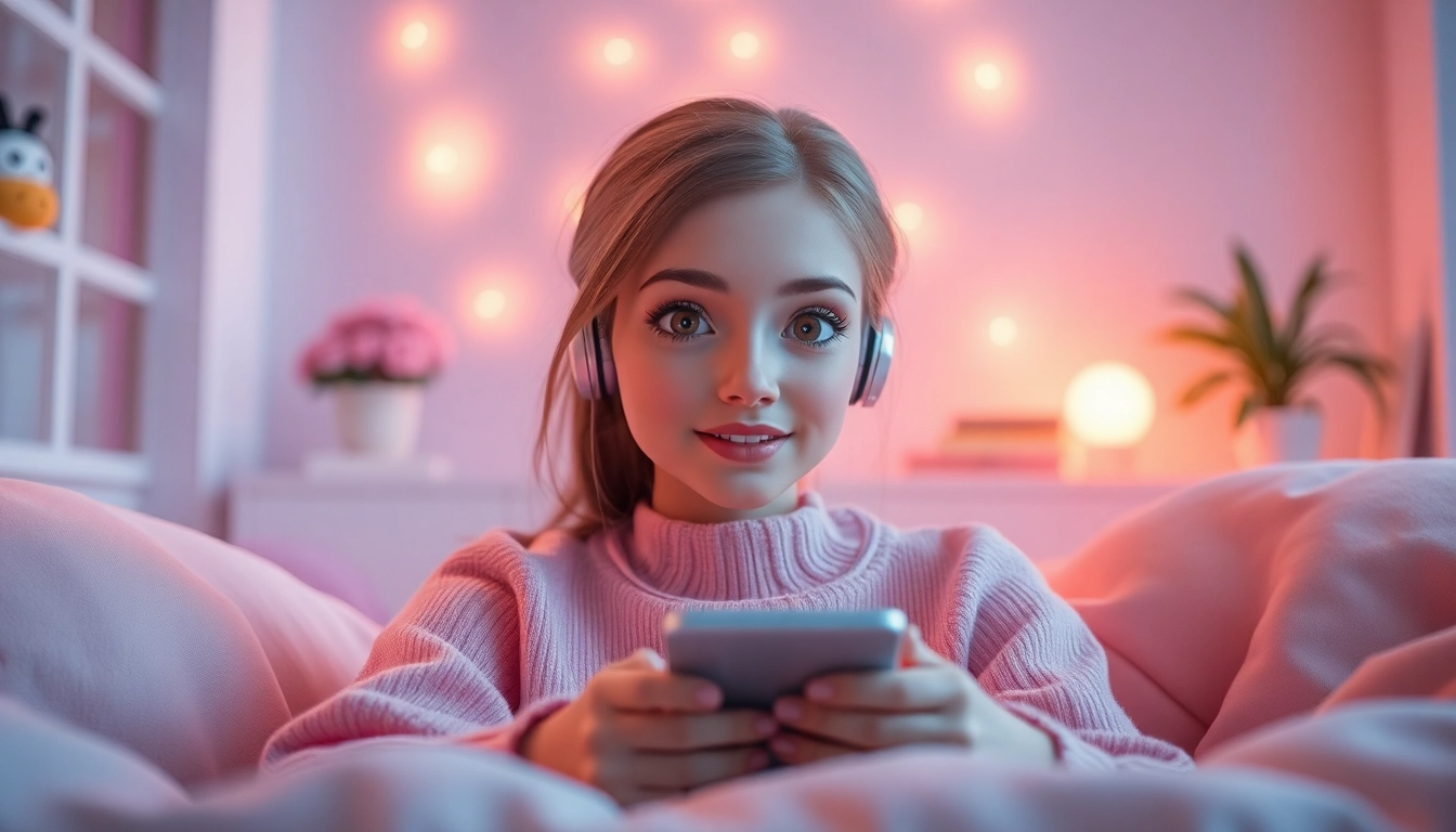 AI girlfriend character engaging in a flirtatious chat in a cozy digital environment.