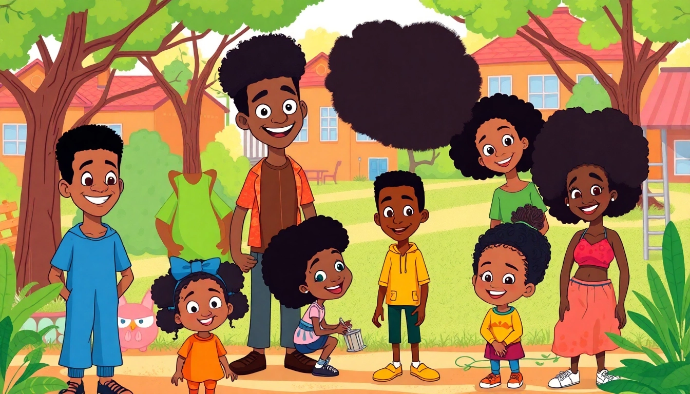A lively illustration of African American Cartoons featuring diverse animated characters interacting in a colorful park.
