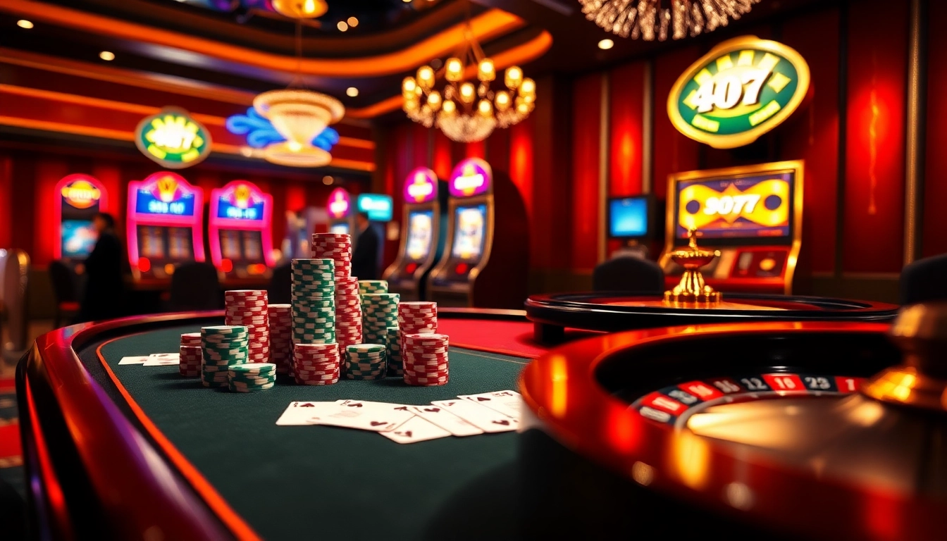 Scène engageante de casino en ligne France avec une table de poker dynamique, une roue de roulette et des jetons colorés.