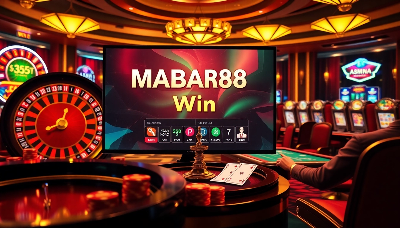 MABAR88 Menang ditampilkan pada antarmuka kasino online yang berwarna-warni, menampilkan mesin slot mewah dan permainan.