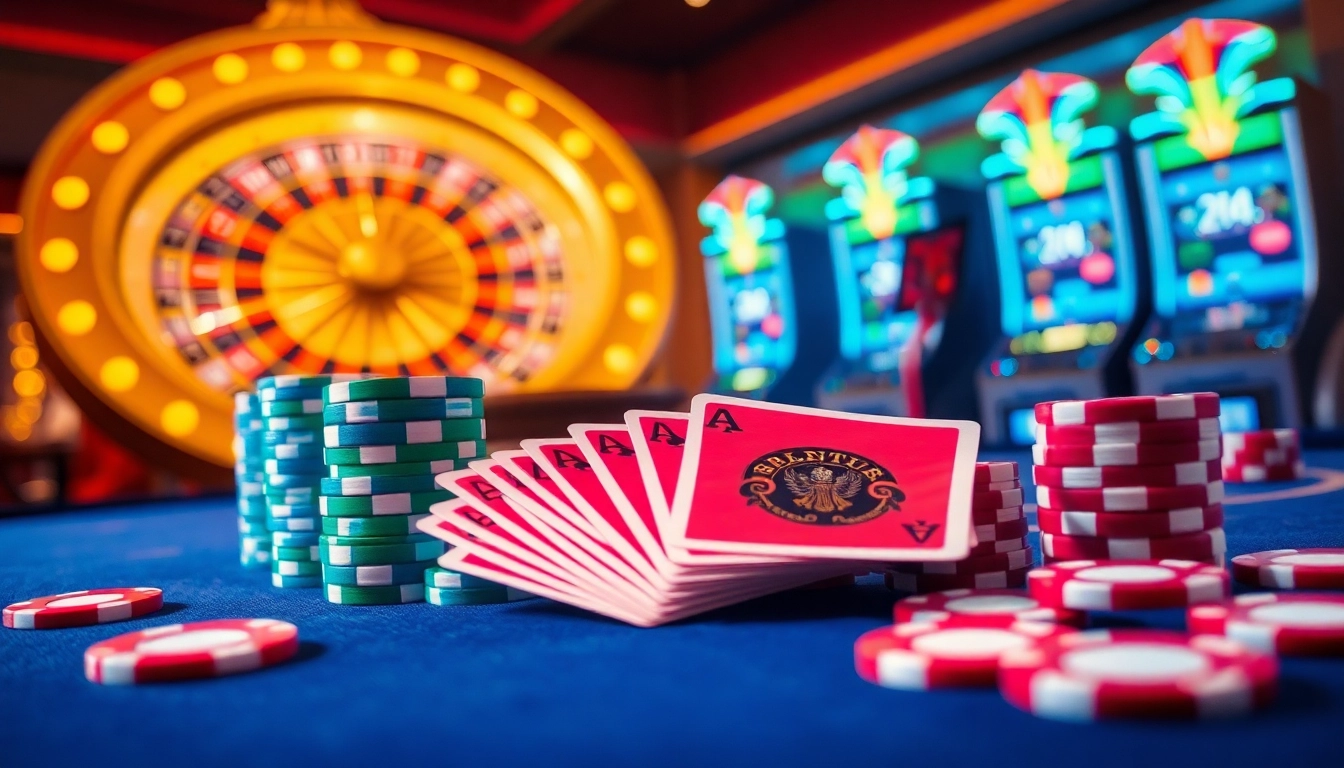 Jeu de poker passionnant au casino en ligne france avec des jetons et des cartes colorés.