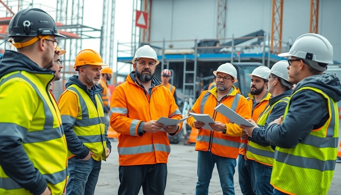 Enhance construction site safety training with engaged workers in a detailed outdoor setting.