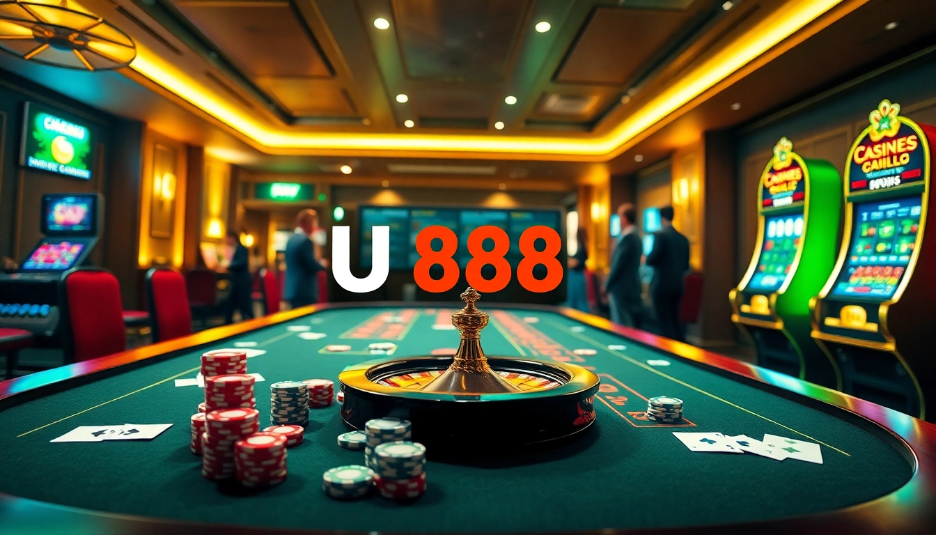 Players enjoying a thrilling game at U 888 online casino with vibrant table and slot machines.