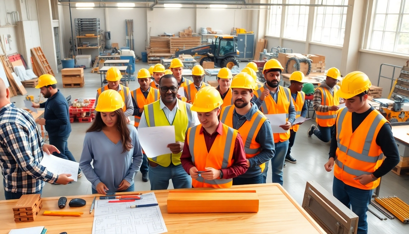 Engaged construction training programs showcasing diverse trainees in a modern facility.