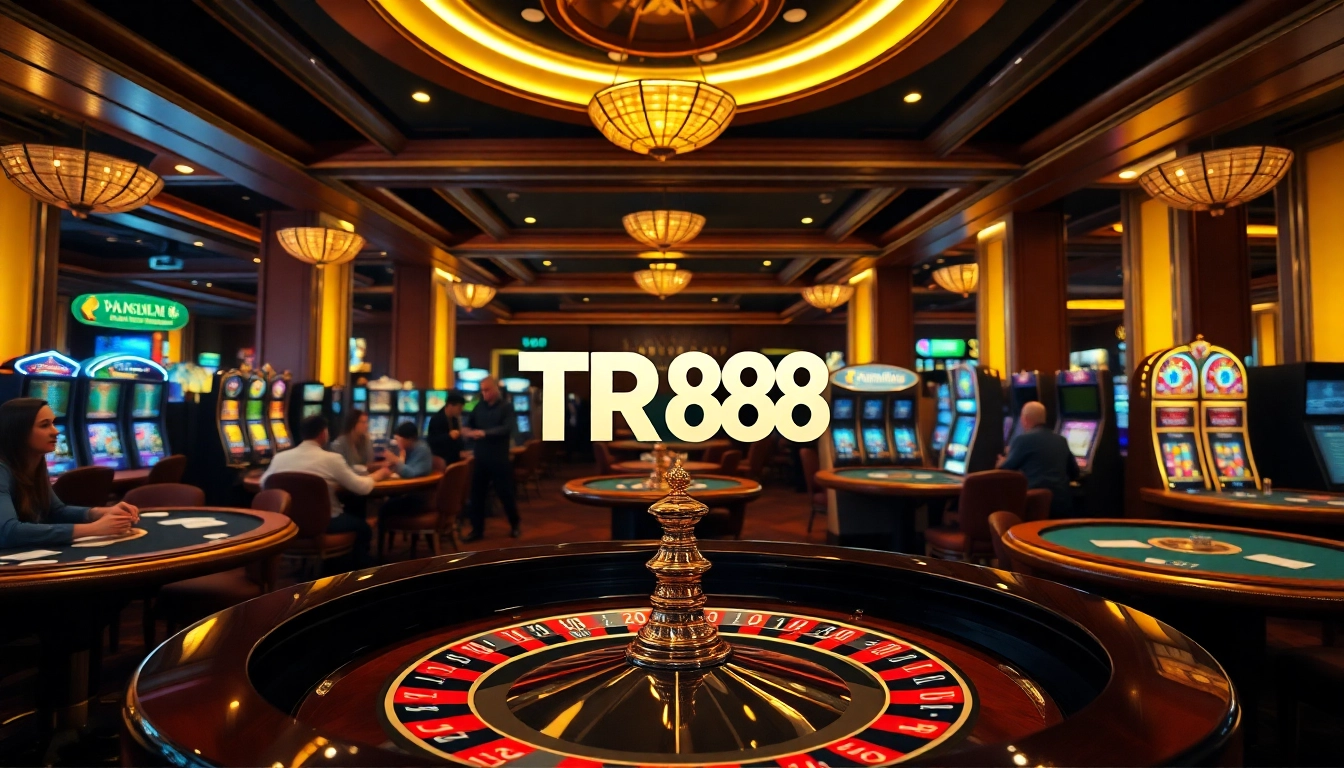TR88 logo showcased on an elegant roulette table in a vibrant casino setting.