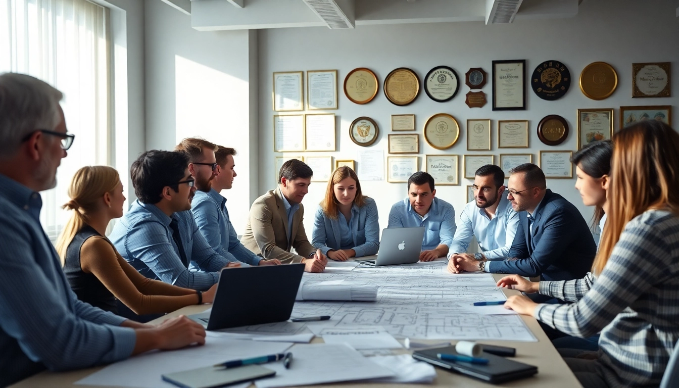 Construction membership association professionals collaborating around blueprints and laptops.