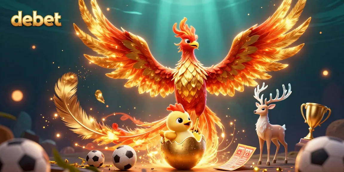 Experience chances to win at debet with a vibrant depiction of sports betting elements and a mystical phoenix.