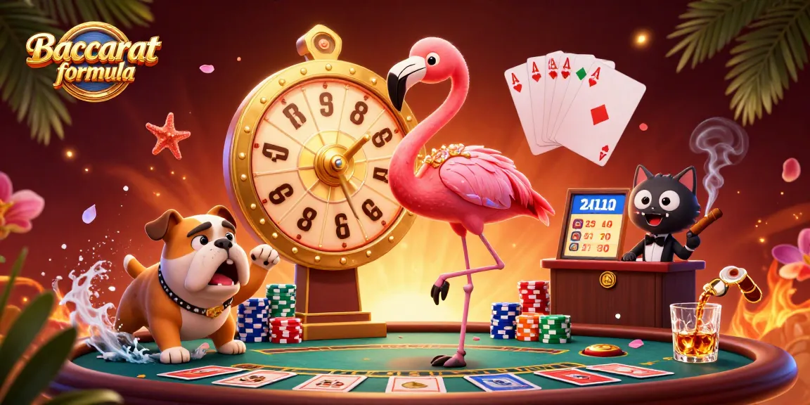 Engage with the Baccarat formula in a vibrant casino scene featuring exciting characters and dynamic elements.